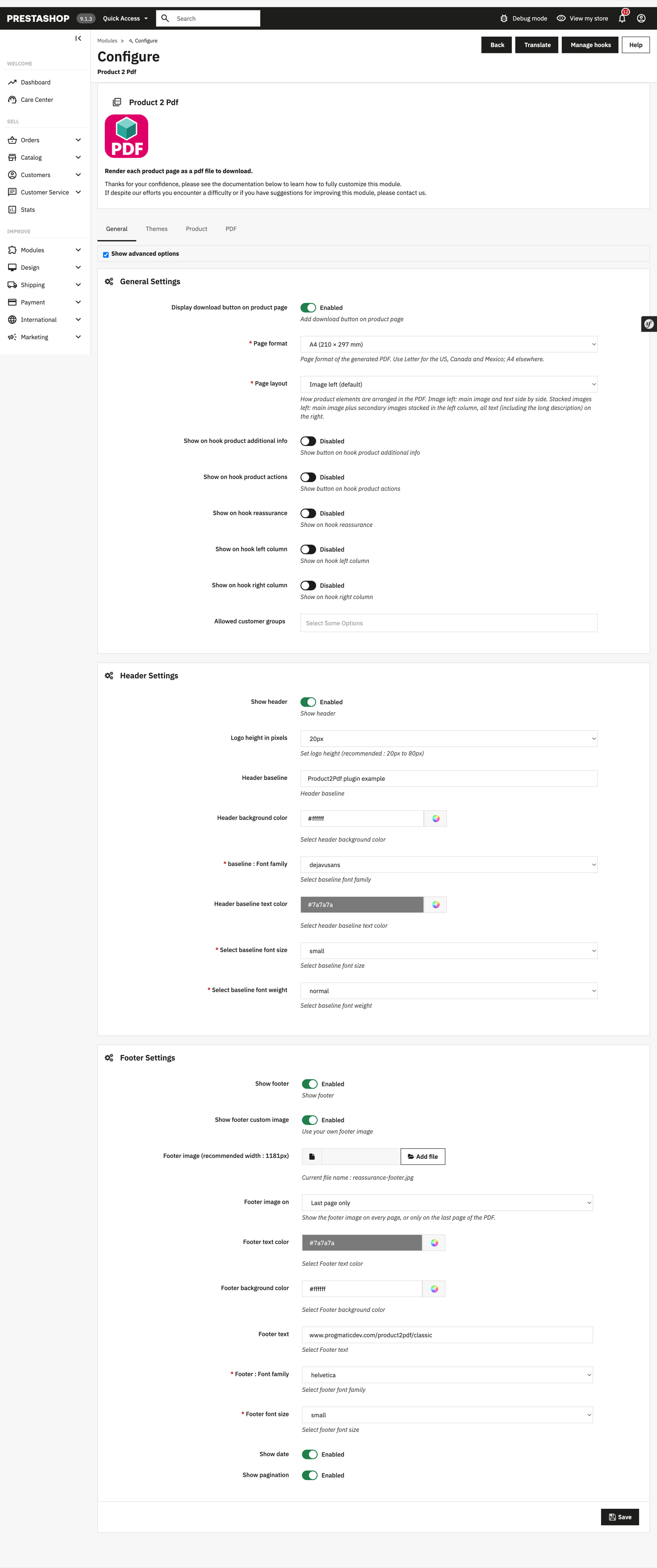 General tab: settings, header and footer
