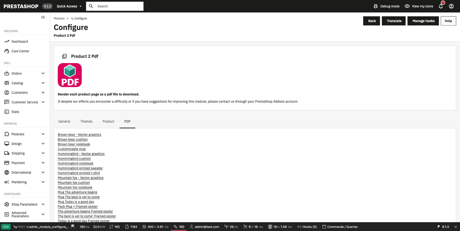 PDF tab: product list with preview