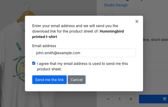 The email-gate modal on a product page: email field, consent checkbox and a Send me the link button
